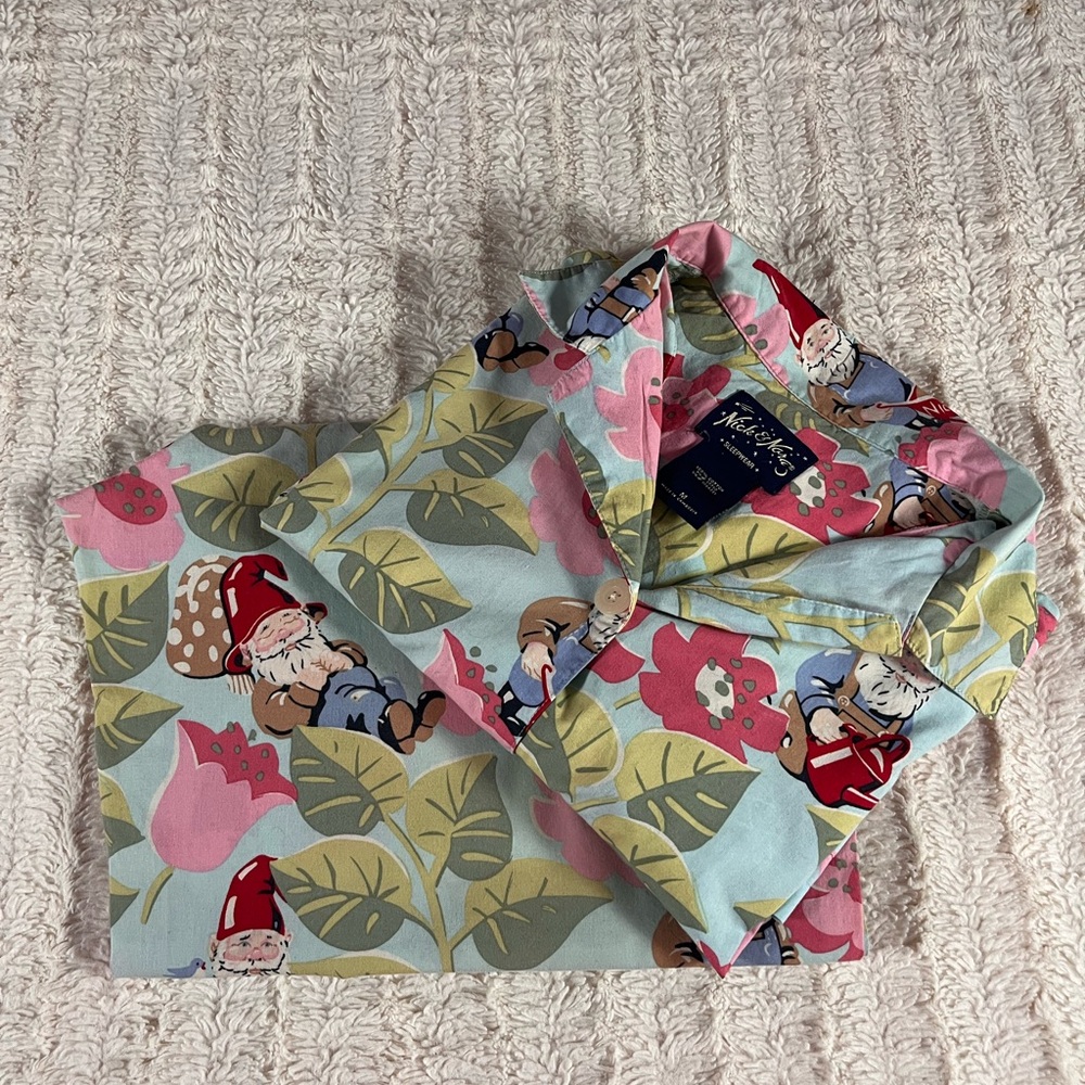 Vintage Nick and Nora Floral Garden Gnome PJ Set M 100% Cotton
